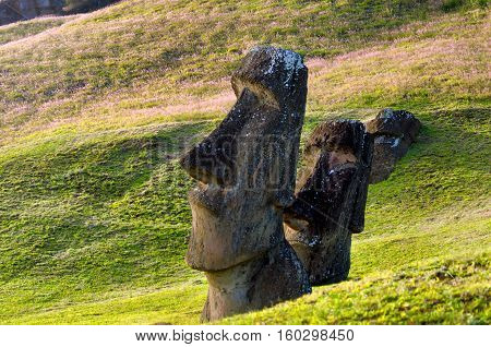 View of Moai at Rano Raraku on Easter Island in Chile