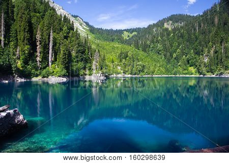 Natural landscape.  View of the lake Small Ritsa. Hanging rock and trees reflecting in the water. Ritsa National Park, Abkhazia, Georgia