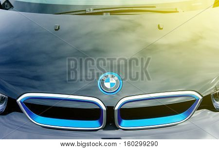 MUNCHEN GERMANY - APRIL 06 2015: Abstract Electric BMW i3 front radiator grille detail. Previously Mega City Vehicle (MCV) is a five-door urban electric car developed by the German manufacturer BMW.