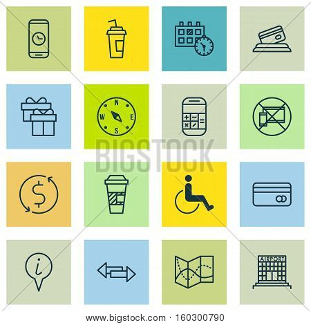 Set Of 16 Travel Icons. Can Be Used For Web, Mobile, UI And Infographic Design. Includes Elements Such As Device, Pointer, Direction And More.
