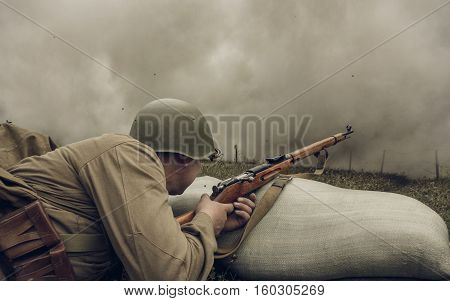 PERM RUSSIA - JULY 30 2016: Historical reenactment of World War II summer 1942. Soviet soldier with rifle