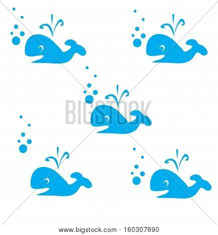 Happy blue whale on white with bubbles, pattern, vector,