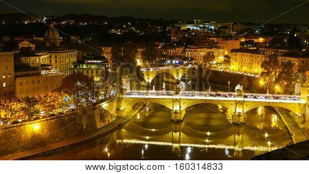 The bridges over River Tiber in Rome - amazing night view