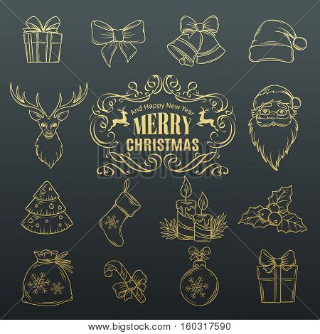 Vector set Christmas hand drawn icons. Illustration in old ink style. Golden design template, page decoration.