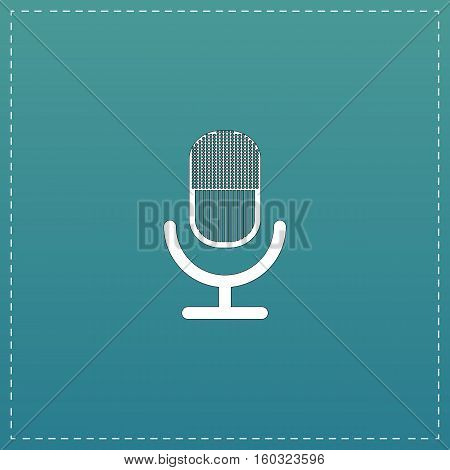 Retro microphone. White flat icon with black stroke on blue background