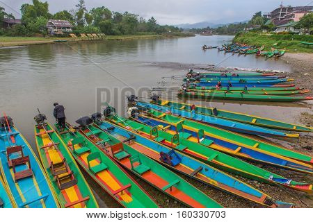Long Tail Boats On Song River, Vang Vieng, Laos