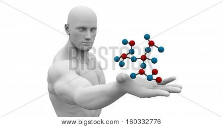 Man Observing and Analyzing Molecule Structure Art 3d Illustration Render