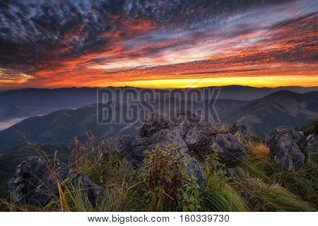 Beautiful twilight sky with mountain view on peak in morning