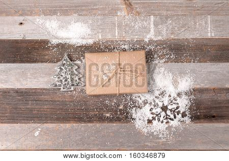Christmas decoration gift box on wooden background