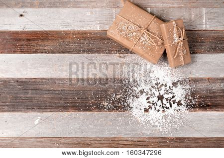 Christmas decoration gift boxes and snowflake. Winter holiday