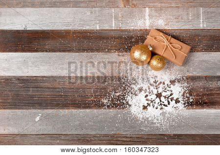 Christmas decoration gift and christmas balls on wooden desk