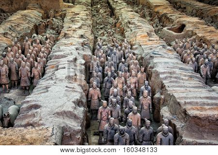 One Of Unesco Heritage Site;terra-cotta Warriors; Restored Terra Cotta Warriors In A Museum In Xian,