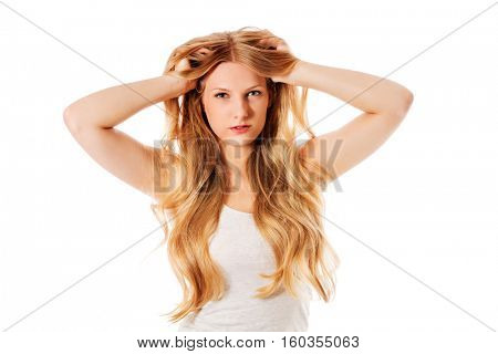 Beautiful young woman with gorgeous hairstyle.