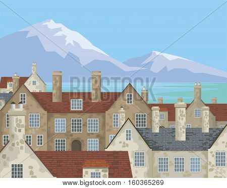 Image of small English villages with old stone houses. Townscape. Vector illustration.