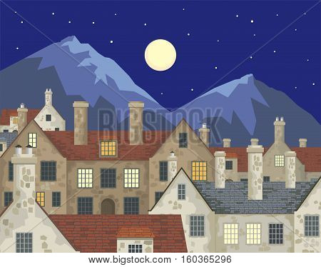 Image of small English villages with old stone houses. Townscape. Vector illustration.