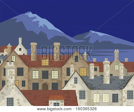 Image of small English villages with old stone houses. Townscape. Vector illustration.