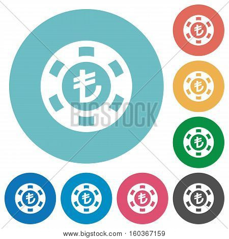 Turkish Lira casino chip white flat icons on color rounded square backgrounds
