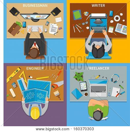Professions 2x2 design concept set of businessman writer engineer freelancer top view workplaces flat vector illustration