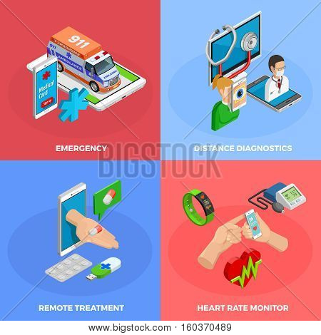 Digital health isometric concept with modern gadgets and methods of medical monitoring and treatment isolated vector illustration