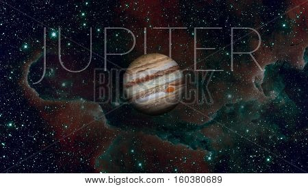 Solar System - Jupiter. It is the fifth planet from the Sun and the largest in the Solar System. Its a giant planet with a mass one-thousandth that of the Sun. Elements of this image furnished by NASA