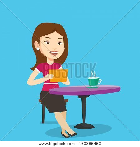 Young woman using a tablet computer in a cafe. Woman surfing in the social network. Social network concept. Woman rewriting in social network in a cafe. Vector flat design illustration. Square layout.