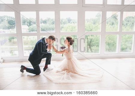 wedding couple  on the studio. Wedding day. Happy young bride and groom on their wedding day. Wedding couple - new family.Man kissing his wife's hand