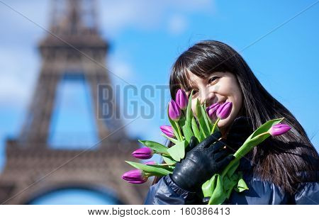 Portrait Of Cheerful Young Lady In Paris With Bunch Of Fresh Spring Tulips