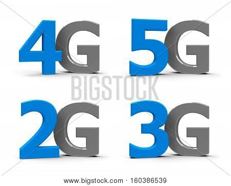 Blue and grey 5g 4g 3g 2g symbols icons or buttons isolated on white background three-dimensional rendering 3D illustration