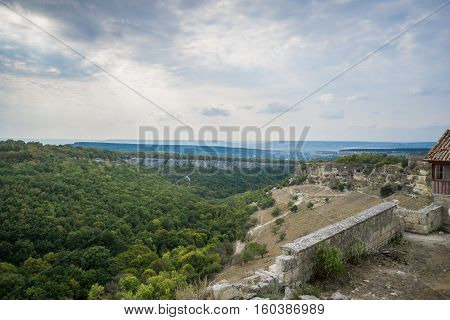 Old stone houses of the medieval town Chufut-Kale in the mountains. Bakhchisarai, Crimea.