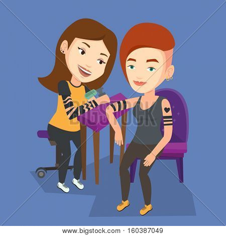 Caucasian master tattoo artist makes tattoo on the hand of young woman. Tattooist makes a tattoo to female client. Vector flat design illustration. Square layout.