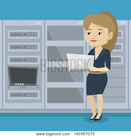 Caucasian engineer with laptop working in network server room. Engineer standing in network server room. Network engineer using laptop in server room. Vector flat design illustration. Square layout.