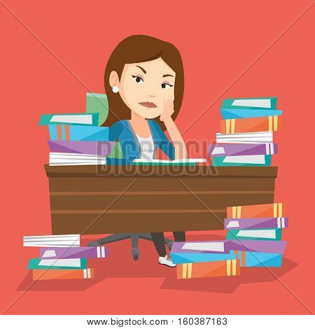 Young angry student studying with textbooks. Caucasian annoyed student studying hard before the exam. Bored female student studying in the library. Vector flat design illustration. Square layout
