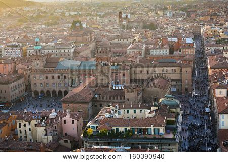 Street With People And Piazza Maggiore In Bologna