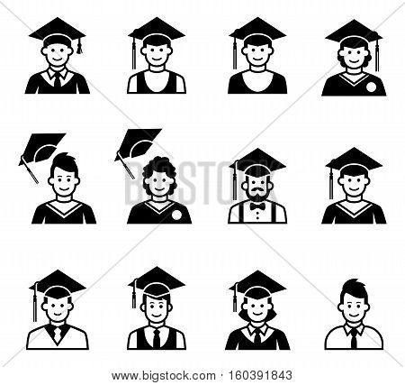 University students graduation avatar. Girl and boy graduation cap and gown. School people icons. Graduation people icons uniform throwing caps vector. People icons in black and white.