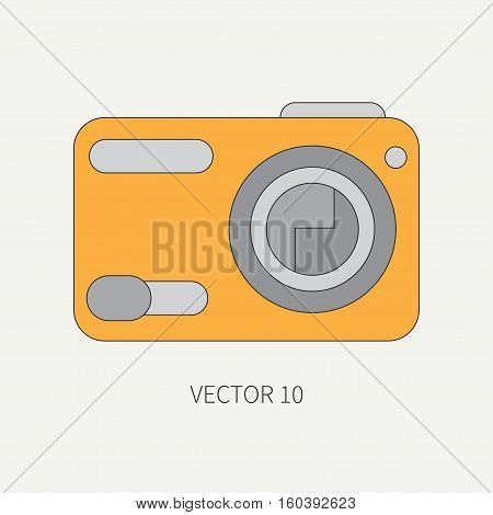 Line flat vector icon with digital mini camera. Photography and art. Megapixel photocamera. Cartoon style. Illustration , element for your design. Photographic lens. Simple. Color. Creativity. Shoot.