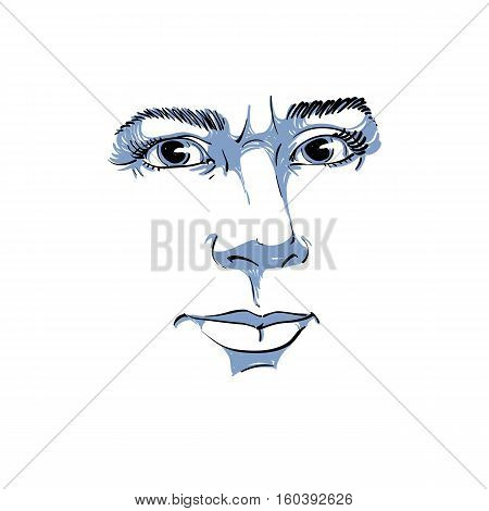 Vector Portrait Of Irate Woman, Illustration Of Good-looking But Angry Female. Person Emotional Face