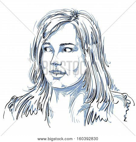 Vector Portrait Of Attractive Woman, Illustration Of Good-looking Curious Female. Person Emotional F