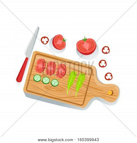 Cut Tomato, Cucumber And Salad On Cutting Board Fresh Organic Vegetables Illustration With Farm Grown Eco Products. Vegetarian Bio Food And Healthy Diet Element Cartoon Vector Drawing.