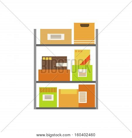 Paper Box Packages Piled In The Warehouse Stored For Later Shipment And Delivery On Metal Shelves. Part Of Storehouse And Logistic Service Depository Collection Of Vector Illustrations.