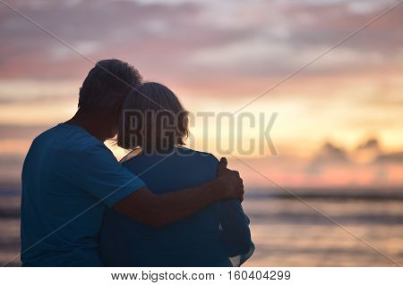 Happy elderly couple rest at tropical beach at sunset, back view