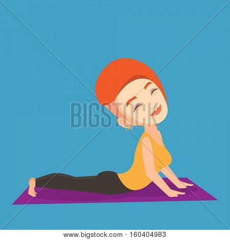 Young sportswoman practicing yoga upward dog pose. Caucasian sportswoman meditating in yoga upward dog position. Sporty woman doing yoga on the mat. Vector flat design illustration. Square layout.