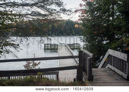 A view of the pier and the Pete's Lake from the Campground, Hiawatha National Forest, Michigan, USA