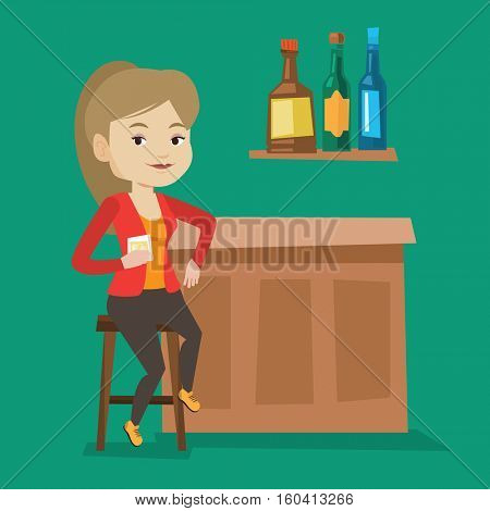 Young happy woman sitting at the bar counter. Woman sitting with glass in bar. Cheerful woman sitting alone and celebrating with an alcohol drink in bar. Vector flat design illustration. Square layout