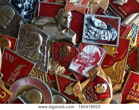 Yekaterinburg, Russia - December 7, 2016: Soviet badges depicting Vladimir Lenin. Collection. Close-up. Faleristics.