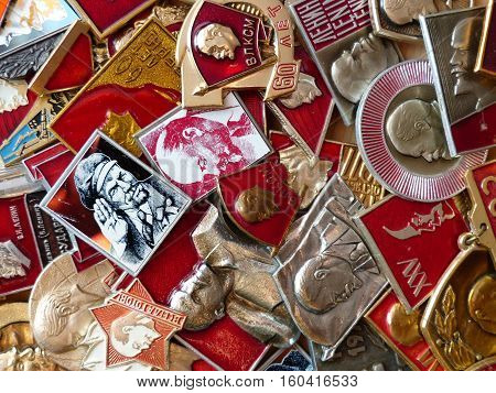 Yekaterinburg, Russia - December 7, 2016: Soviet badges depicting Vladimir Lenin. Collection. Close-up. Faleristics.