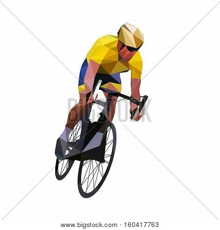 Cycling. Abstract geometrical vector road cyclist in yellow jersey on his bike. Abstract polygonal cyclist figure