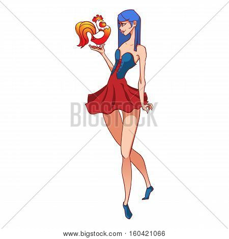 A young girl holds her hand on the cock. The symbol of the new 2017. Sexy woman in a dress. Cartoon vector illustration