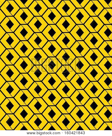 Yellow endless vector texture with green geometric figures and stylized honeycombs motif abstract contemporary geometric background. Creative artificial symmetric continuous pattern for graphic and web design.