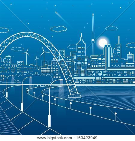 Highway under the bridge. Night city on a background, neon town, towers and houses on skyline, infrastructure illustration, airplane fly, vector design art