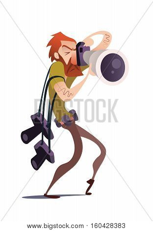 Red Photographer Cartoon Hunter. Vector illustration. Isolated in white background.